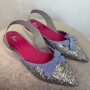 FERCA 81 Silver glitter blue bow Slingback flats Sz 39